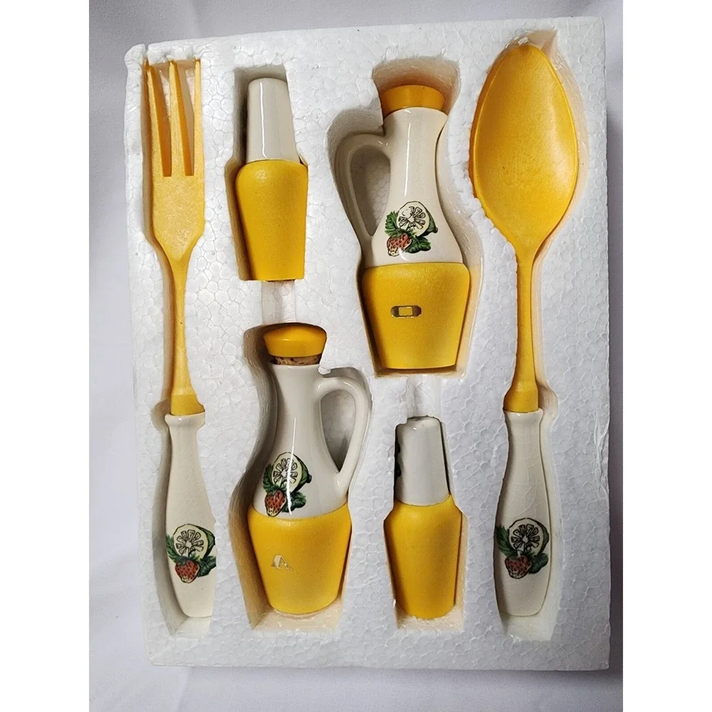 Vintage Materia Yellow Salt Pepper Shakers Cruet Salad Set